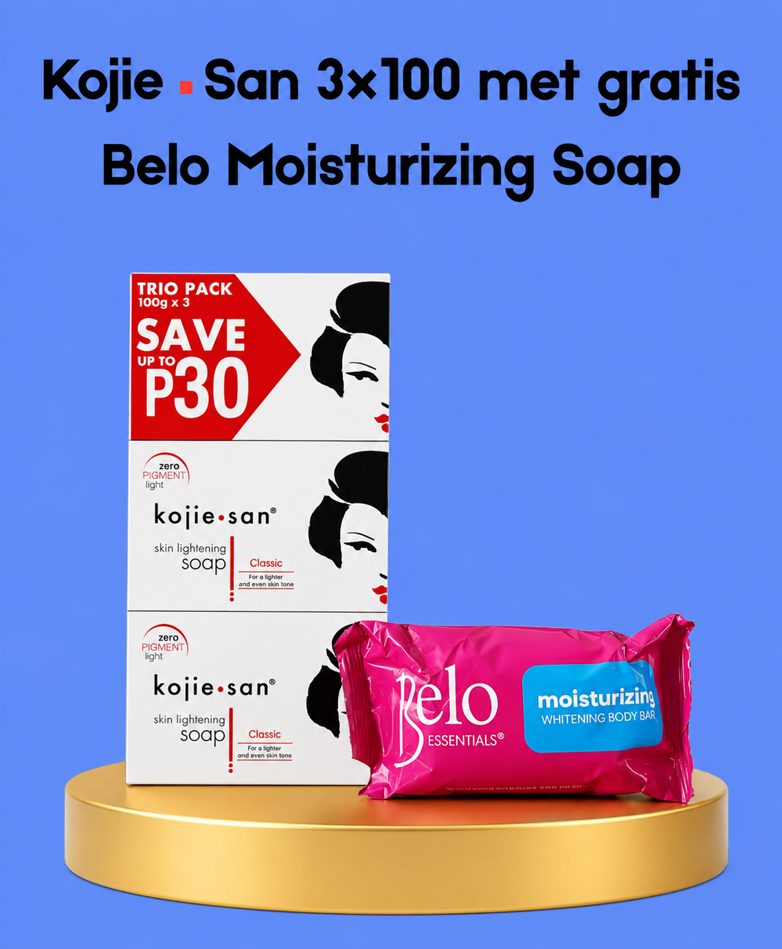 Kojie San 3 × 100 g + Savon hydratant Belo gratuit – Ensemble de soins hydratants et hydratants – Aide à nettoyer, égaliser la teinte d&