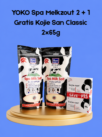 YOKO Spa Milk Salt 2 + 1 Free + Kojie San Classic 2×65 g – Voordeelpakket – Verhelderende &amp; Hydraterende Huidverzorging – Exfolieert, Egaliseert de Huidtint &amp; Vermindert Donkere Vlekken – Voor een Gladde, Stralende &amp; Gezonde Huid