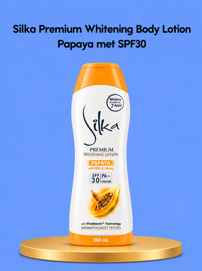 Silka Premium Whitening Body Lotion Papaya met SPF 30 – Verhelderende &amp;amp; Hydraterende Bodylotion – Helpt Donkere Vlekken te verminderen, Egaliseert de Huidtint &amp;amp; Beschermt tegen UV – Voor een Gladde, Stralende &amp;amp; Huid Gezonde