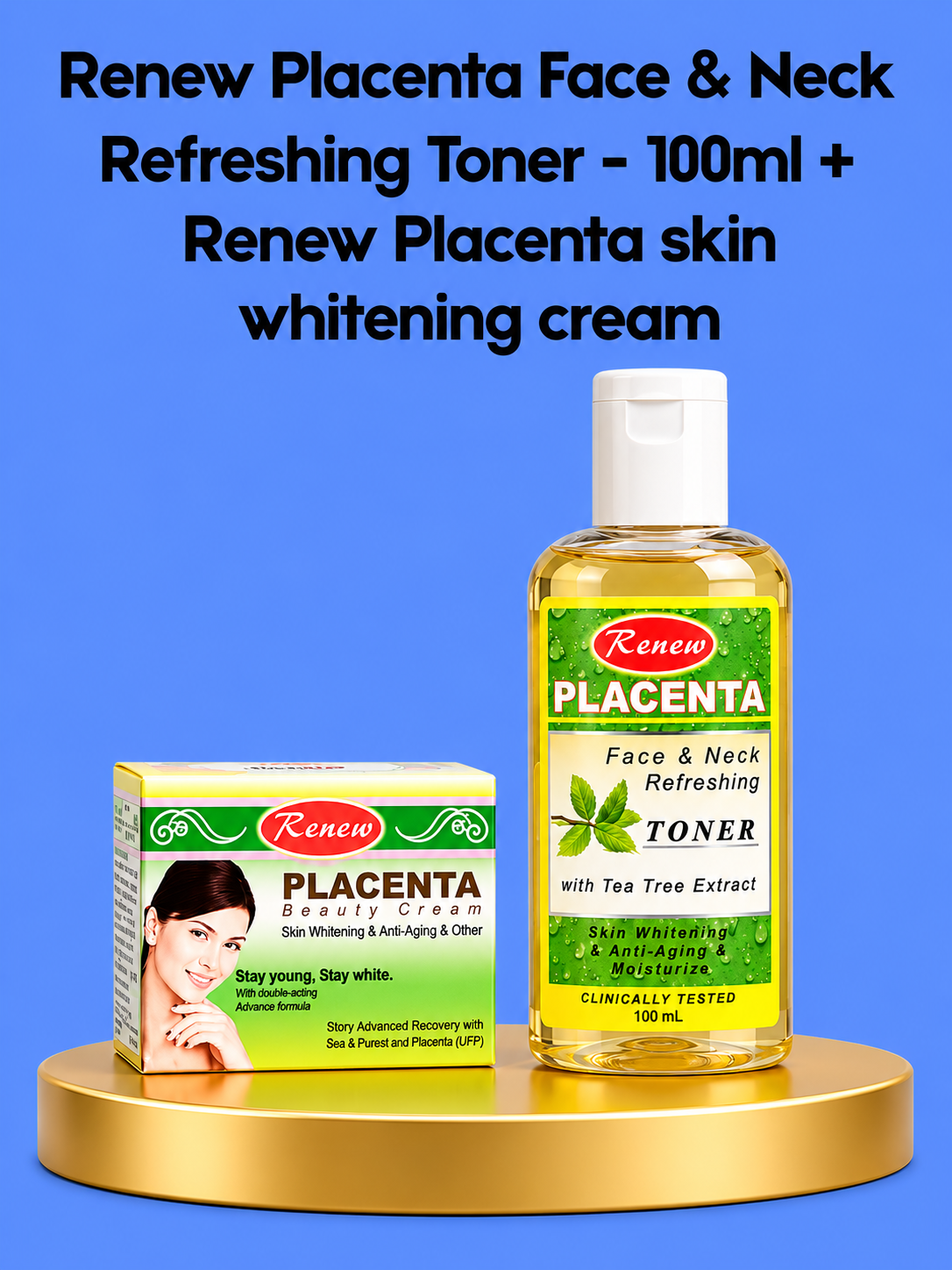 Renew Placenta Face &amp;amp; Neck Refreshing Toner – 100 ml + Renew Placenta Skin Whitening Cream – Verhelderende &amp;amp; Verzorgende Huidverzorgingsset – Hydrateert, Egaliseert de Huidtint &amp;amp; Verfrist – Voor een Stralende, Gladde &amp;amp; Gezonde Huid
