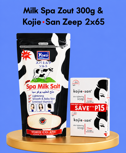 Milk Spa Salt 300 g &amp; Kojie San Soap 2×65 g – Verhelderend &amp; Hydraterend Voordeelpakket – Exfolieert, Egaliseert de Huidtint &amp; Helpt Donkere Vlekken te Verminderen – Voor een Gladde, Stralende &amp; Gezonde Huid