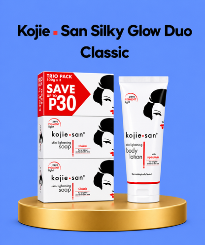 Kojie San Silky Glow Duo Classic – Ensemble de soins de la peau hydratant et hydratant – Aide à donner des éclaircissements sur la teinte, à égaliser la teinte de l&