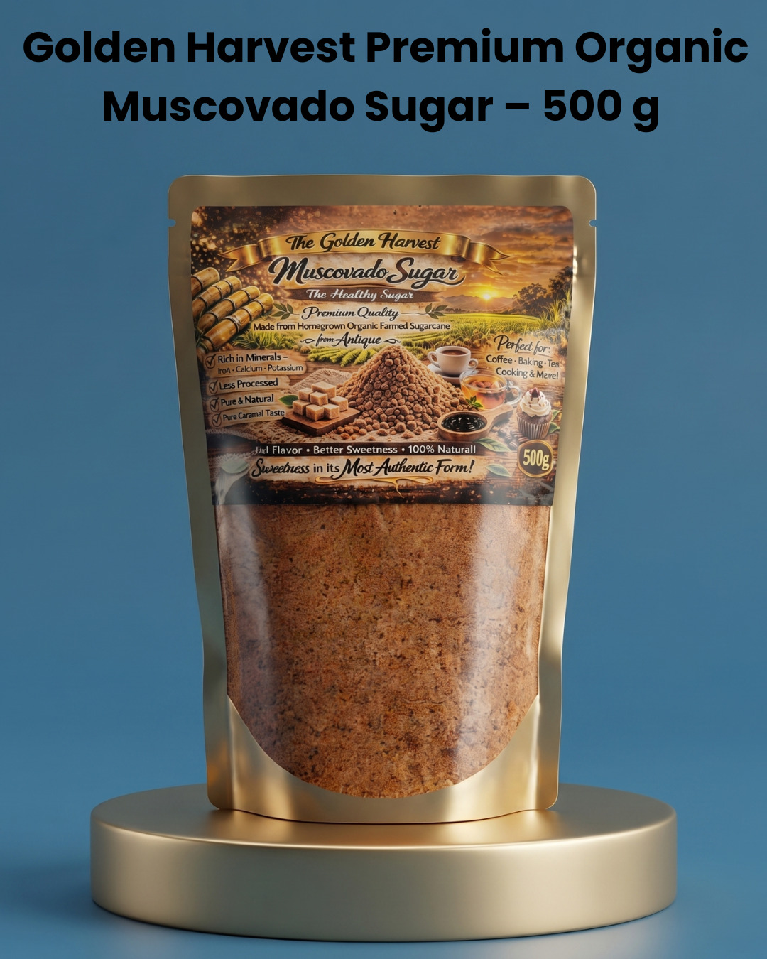 Golden Harvest Premium Organic Muscovado Sugar – 500 g – Ongeraffineerde Biologische Rietsuiker – Rijk aan Natuurlijke Melasse – Ideaal voor Bakken, Koken &amp; Dranken – Authentieke Karamelsmaak