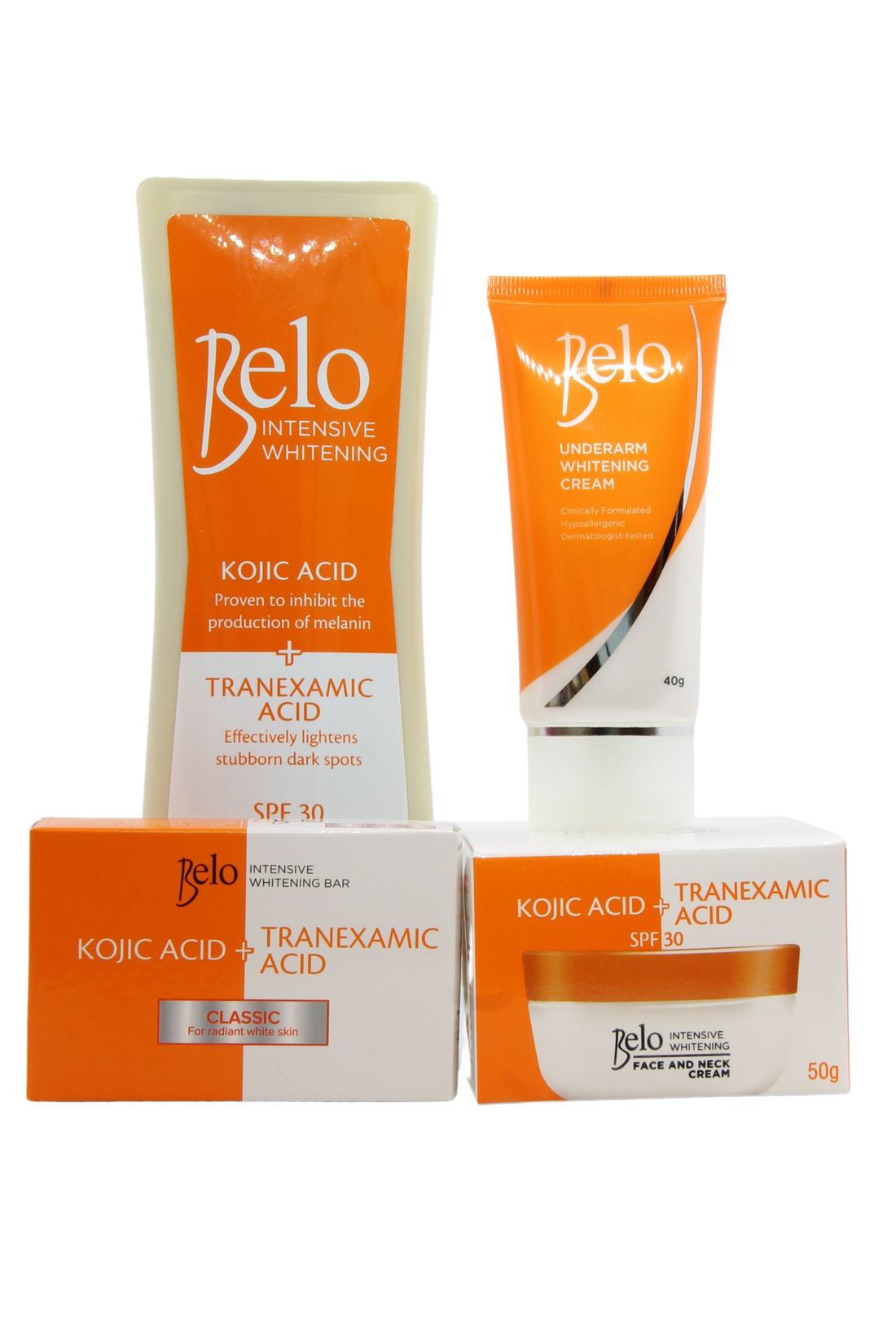 Forfait à prix réduit Belo, Lotion Corps Blanchissante Intensive, Savon et Crème Visage et Cou et Crème Blanchissante Aisselles 40 gr