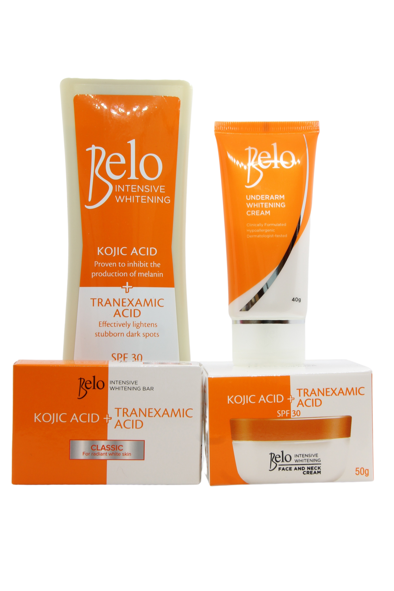Forfait à prix réduit Belo, Lotion Corps Blanchissante Intensive, Savon et Crème Visage et Cou et Crème Blanchissante Aisselles 40 gr