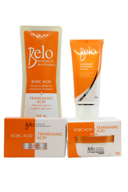 Belo kortingspakket, Lotion corporelle blanchissante intense, Zeep en Gezichts- en Halscrème en Oksel Whitening Crème 40 gr