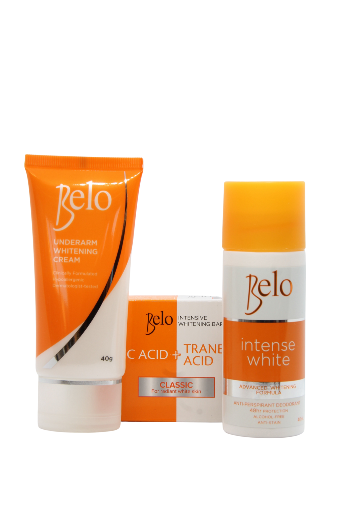 Forfait à prix réduit Belo : déodorant éclaircissant intensif pour la peau, savon et crème pour les aisselles !