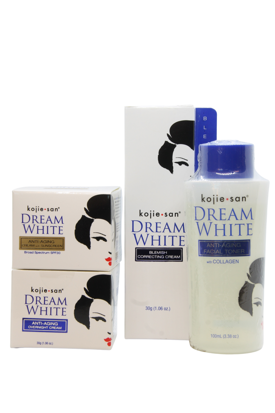 Kojie San Dream White Value package avec crème de jour et de nuit, tonique et crème anti-imperfections