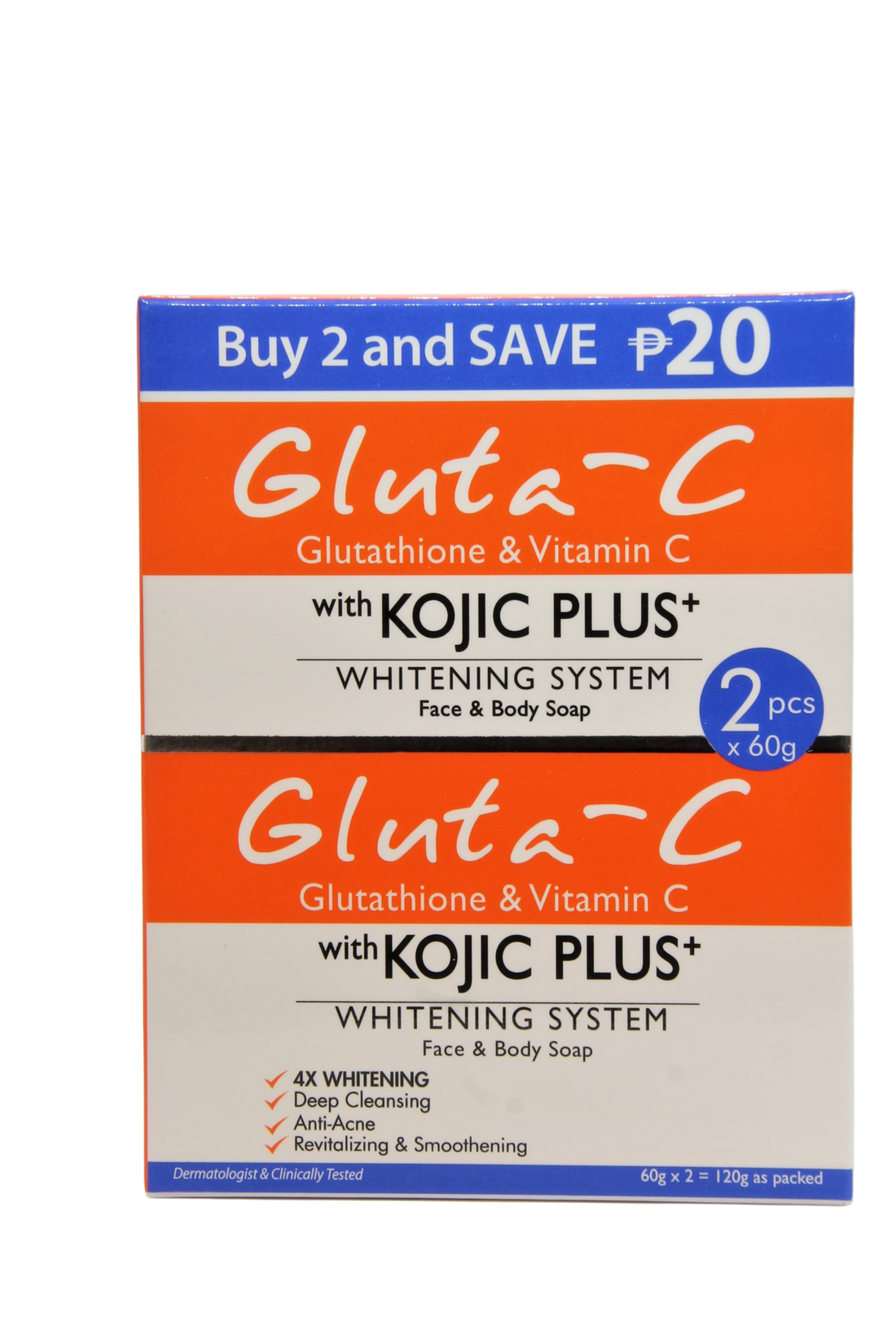 Savon visage et corps Gluta C avec Kojic Plus, glutathion et vitamine C 2 x 60 grammes