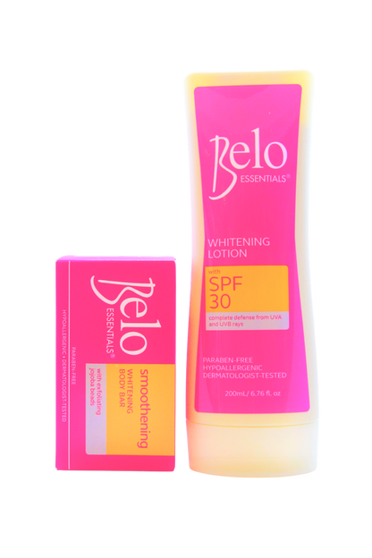 Belo Essentials Lotion pour le corps blanchissant SPF 30 – 200 ml + savon – Ensemble de soins corporels hydratants et hydratants – Beschermt tegen UV, Vermindert Donkere Vlekken &amp;amp; Egaliseert de Huidtint – Voor een Gladde, Stralende &amp;amp; Gezonde Huid