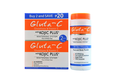 Poudre éclaircissante pour la peau Gluta-C 4x 40 g + 2 x 60 g de savon au glutathion avec Kojic plus