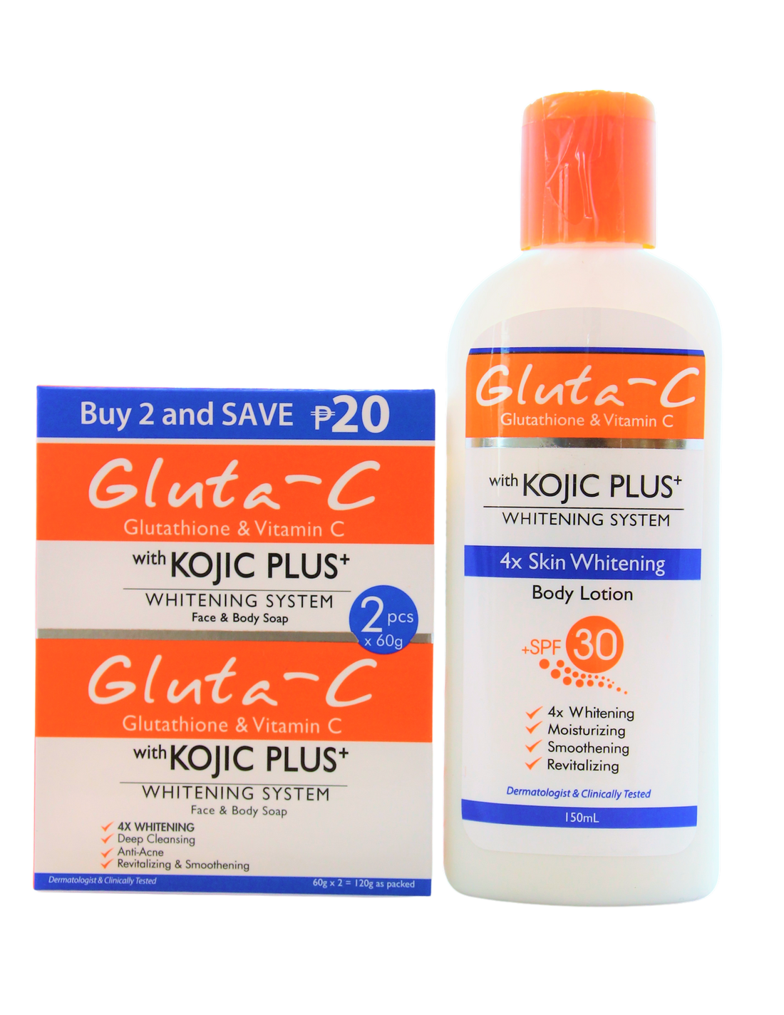 Lait corporel éclaircissant Gluta-C 4x SPF30 150 ml + savon blanchissant Gluta-C, 2 x 60 grammes