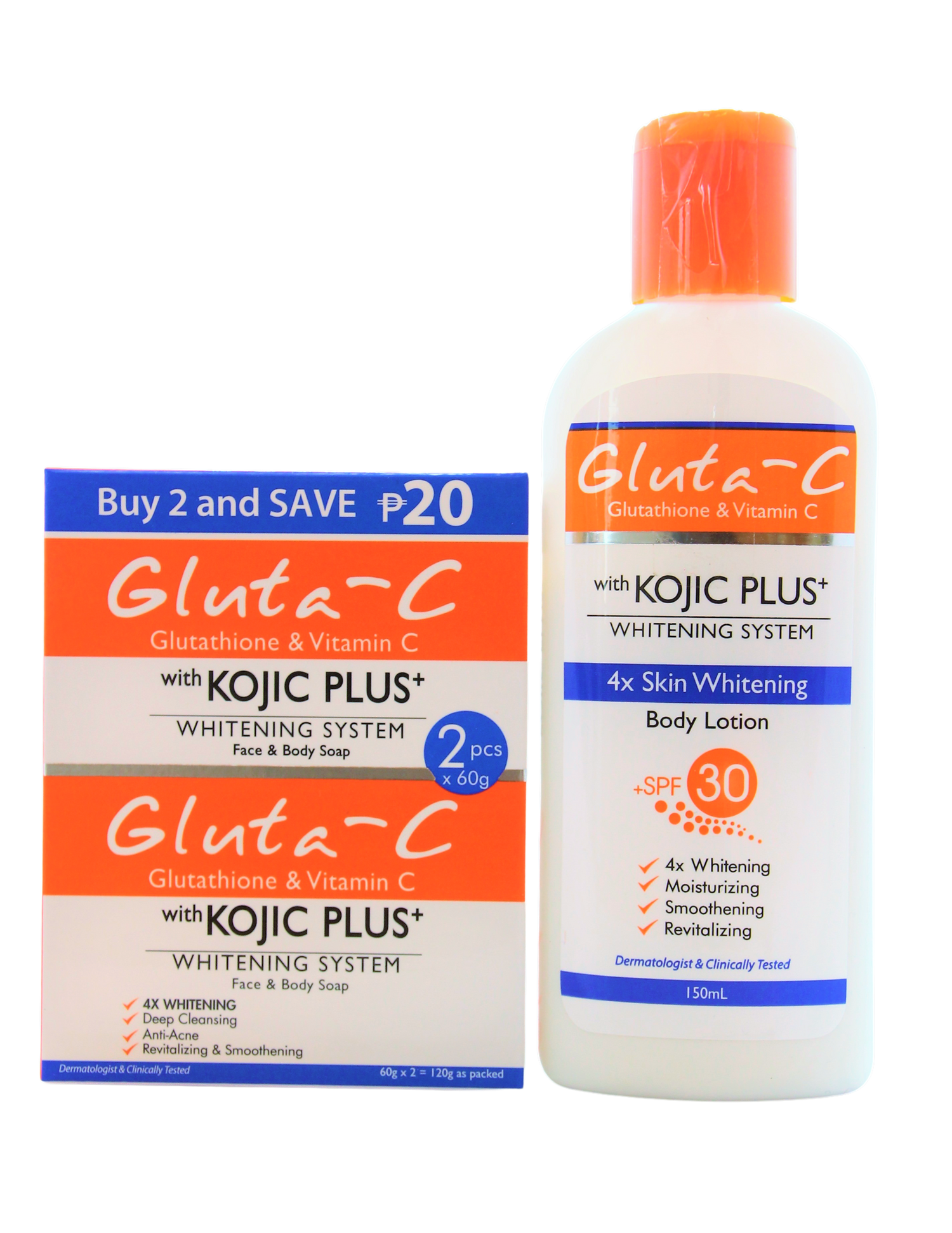 Lait corporel éclaircissant Gluta-C 4x SPF30 150 ml + savon blanchissant Gluta-C, 2 x 60 grammes