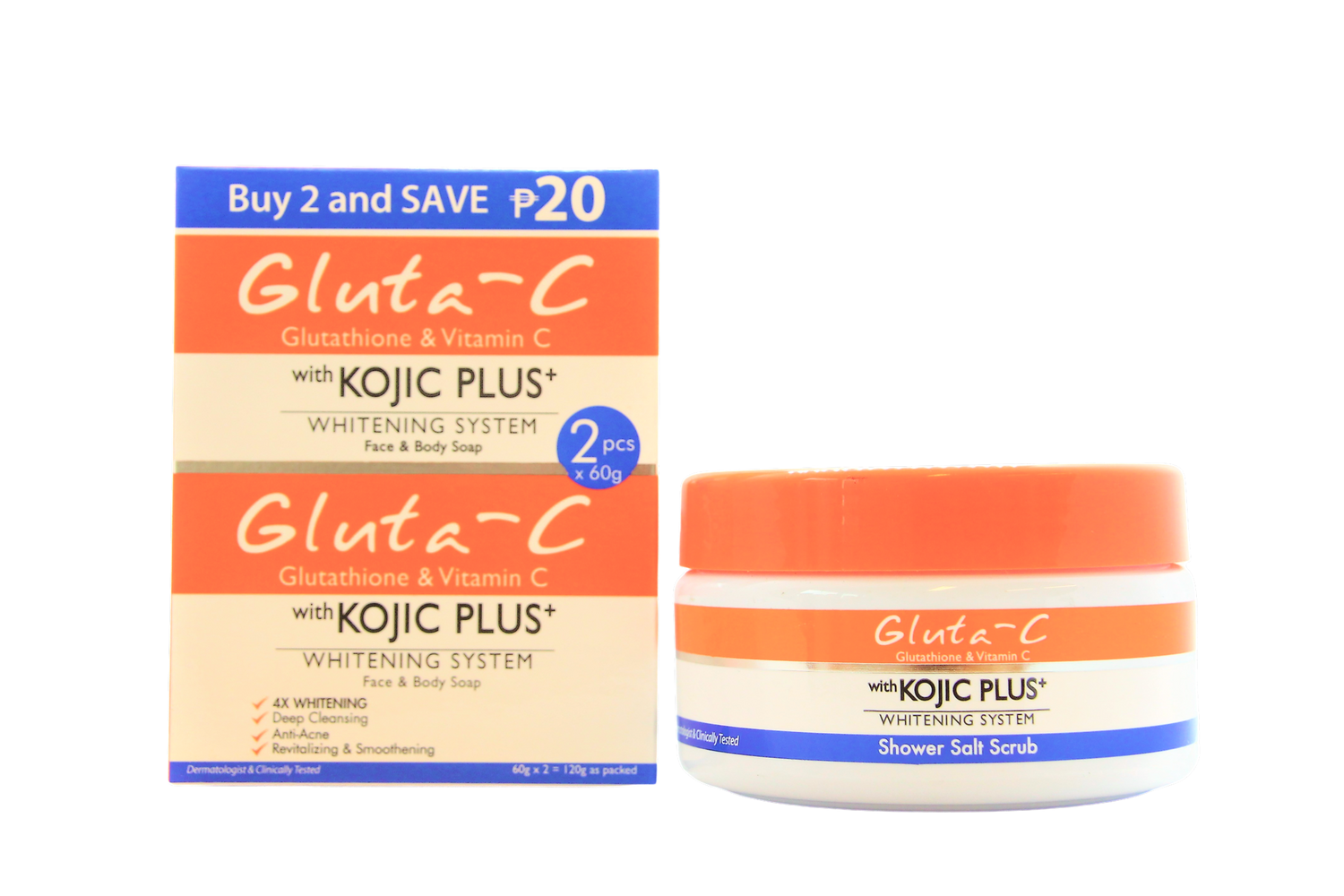 Sel de bain éclaircissant Gluta-C 4x, gommage 250 g + savon blanchissant Gluta-C peau et corps, 2 x 60 g