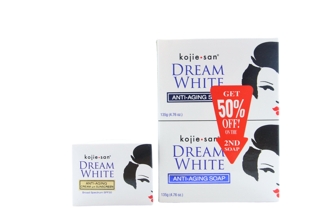 Crème de jour anti-âge am White SPF 30, 30 g + Savon anti-âge Kojie San Dream White, 2 x 135 g de savon
