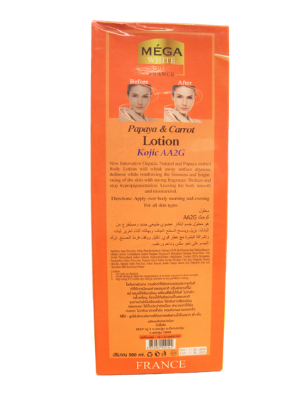 Lotion Méga White Gold France Papaye Carotte, Kojic AA2G 500 ml
